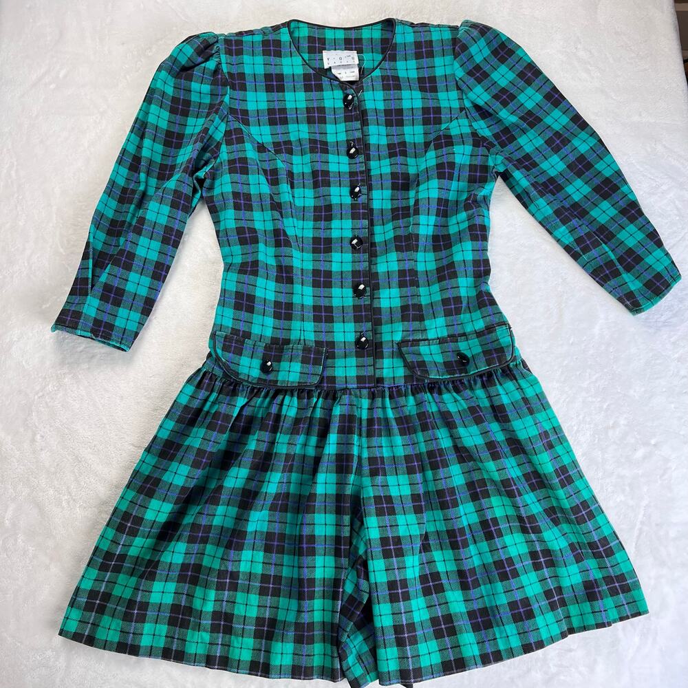 YOU TOO Babes Vintage 1990's Juniors Plaid Skort Romper Green Black Size 9